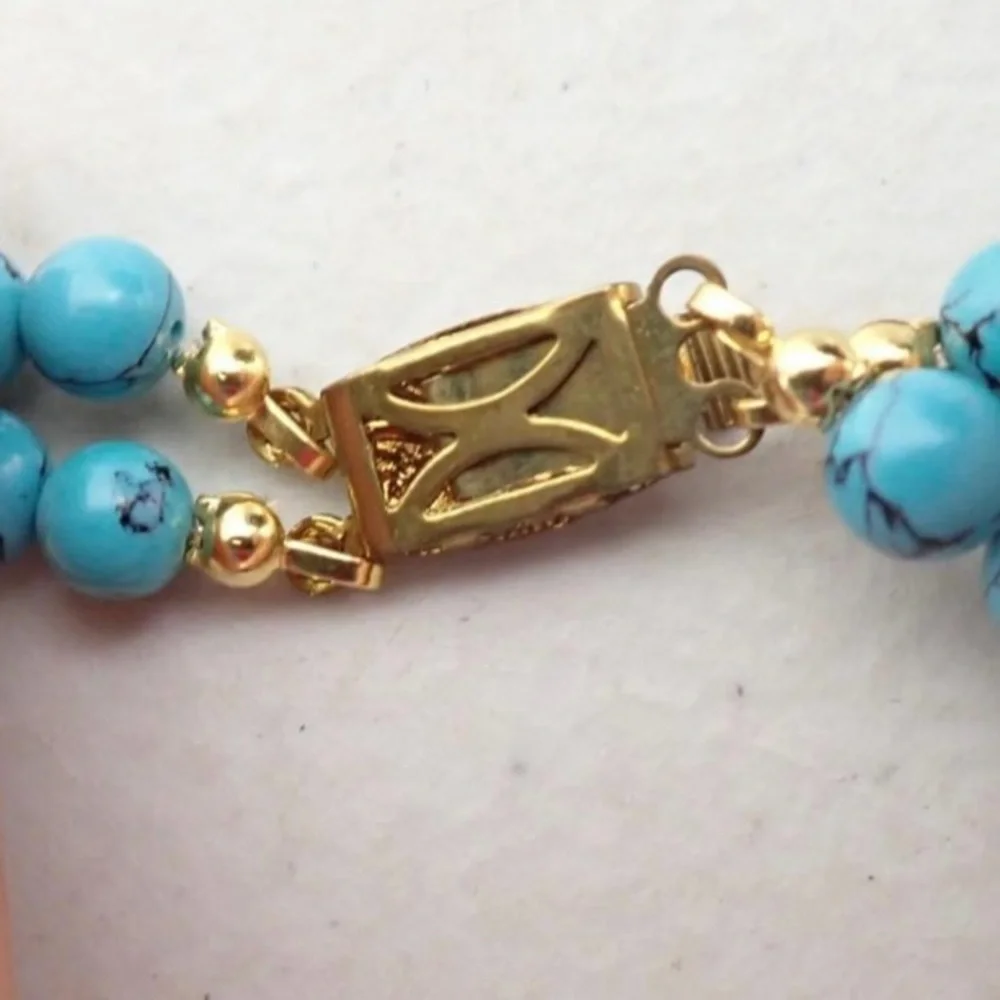 Blue Dyed Howlite Bead & Gold Tone Double Strand Necklace w/ Flower Pendant 17”